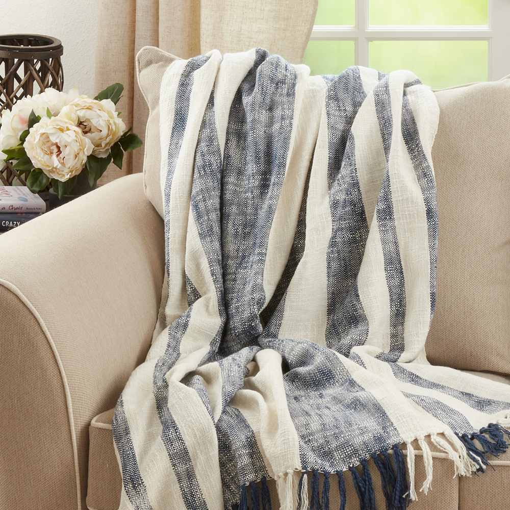 Navy White Striped Cotton Throw Blanket