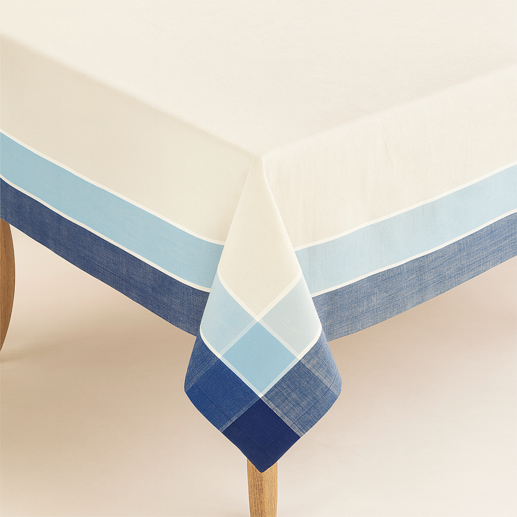 012 - Azure Blue Stripe Border Cotton 72" Square Tablecloth