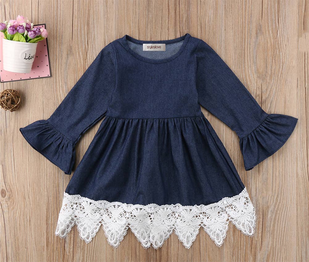Denim Bell Sleeve Lace Trim Girl Dress