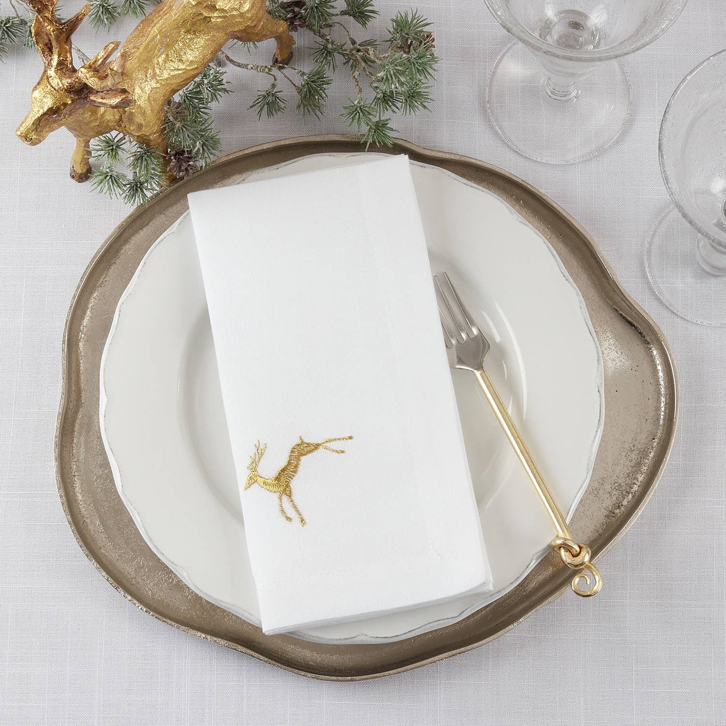 Embroidered Gold Reindeer White 20" Cloth Napkin