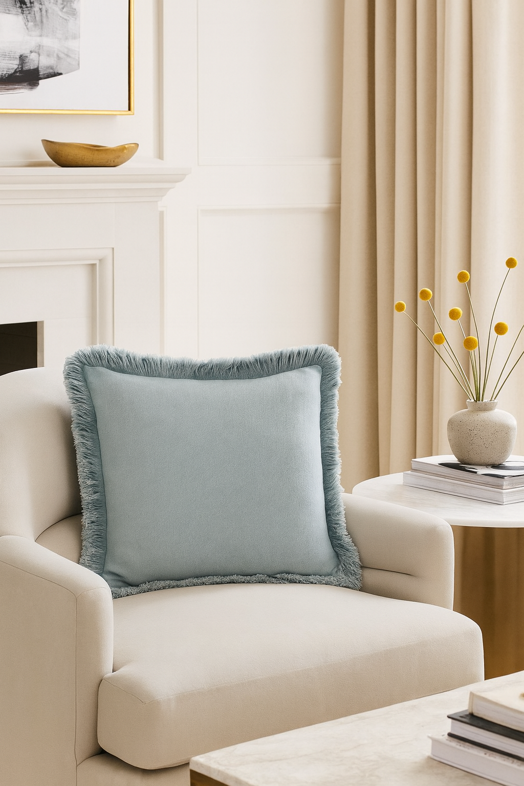 13069 - Blue-Grey Ruffled Linen 20" Down-Filled Throw Pillow