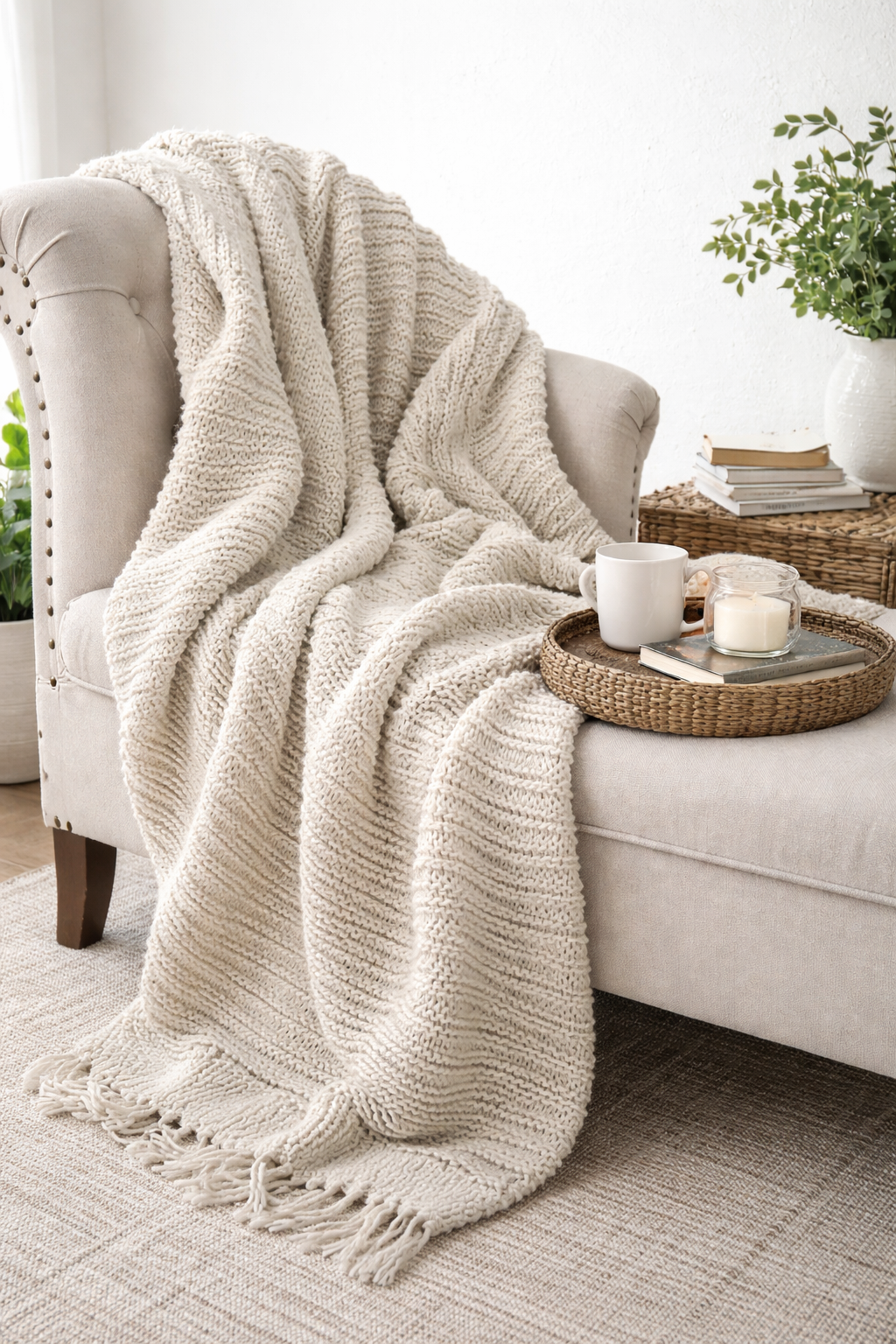 Ivory Classic Knit 50"x60" Cotton Throw Blanket