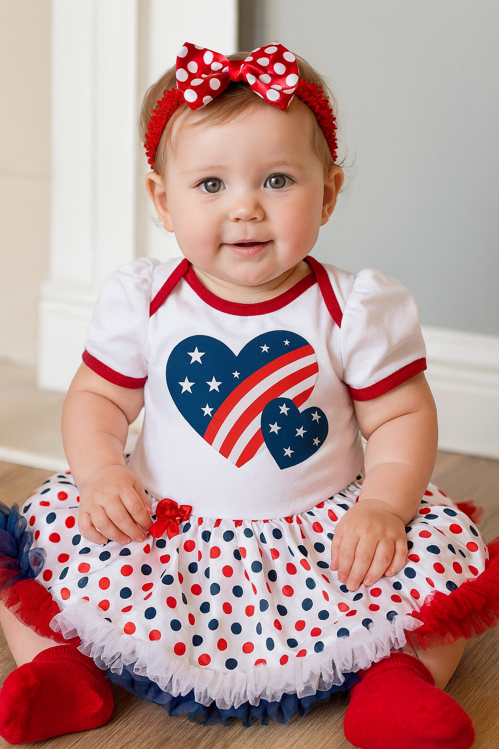 White American Flag Two-Heart Baby Romper Dress & Headband