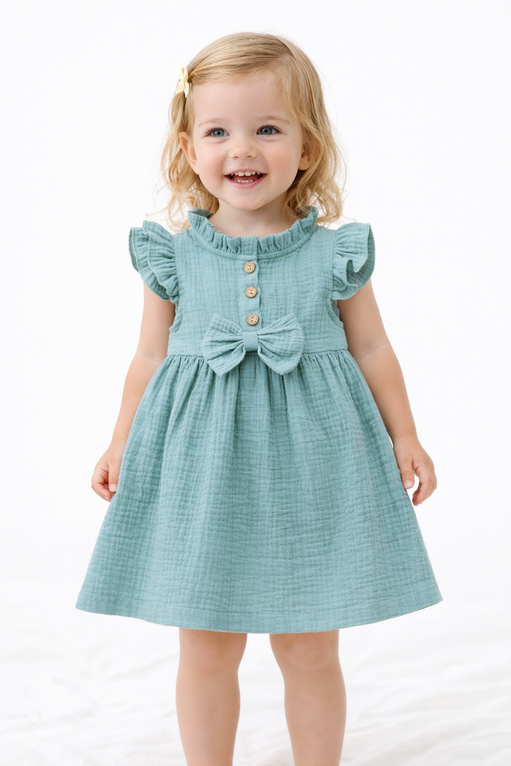 Green Flutter Sleeve Stand Collar Cotton Little Girl Dress