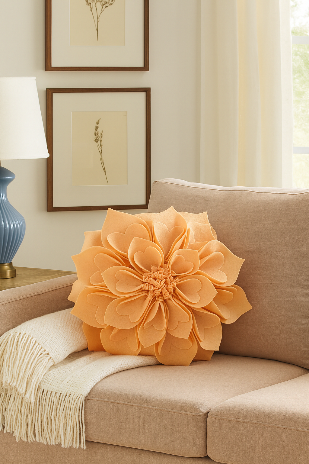 Peach 3D Heart-Shaped Petal Flower Throw Pillow