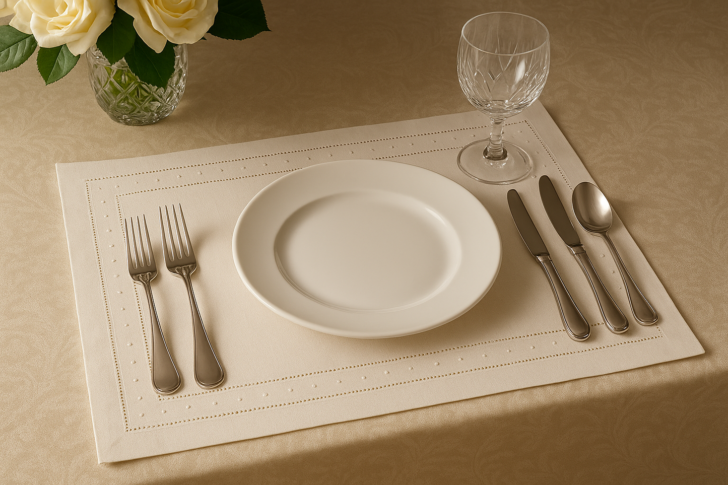 8648 - Beige Embroidered Swiss Dot Hemstitch Linen Blend Placemat