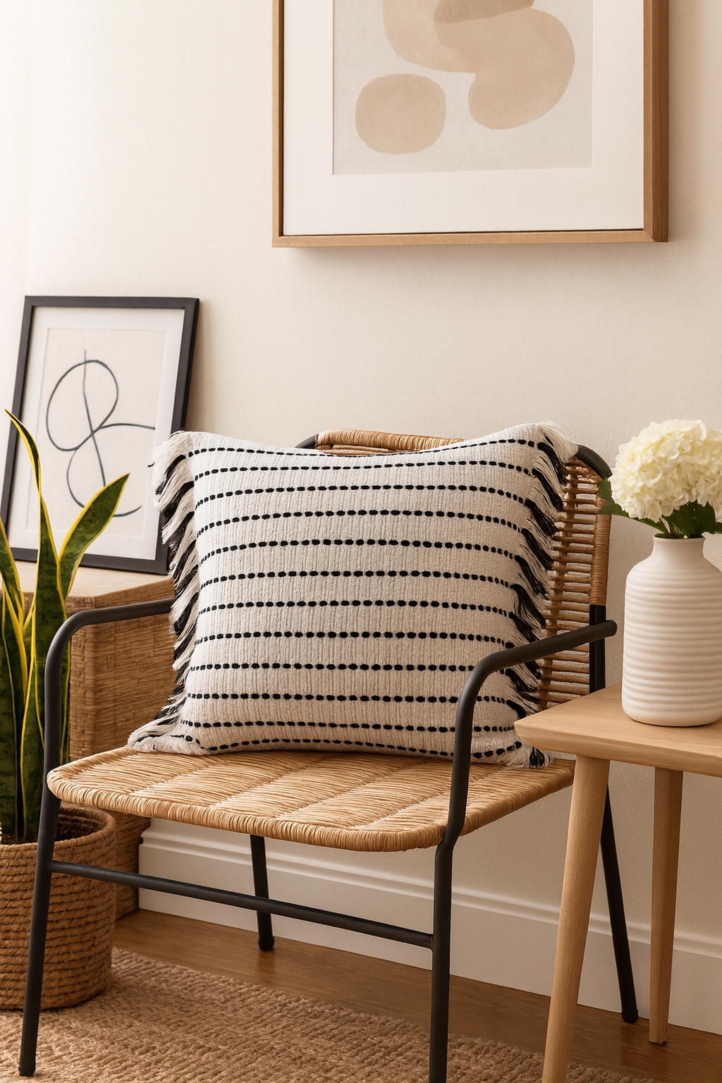 Black Stitched Line Cotton White 18" Throw Pillow