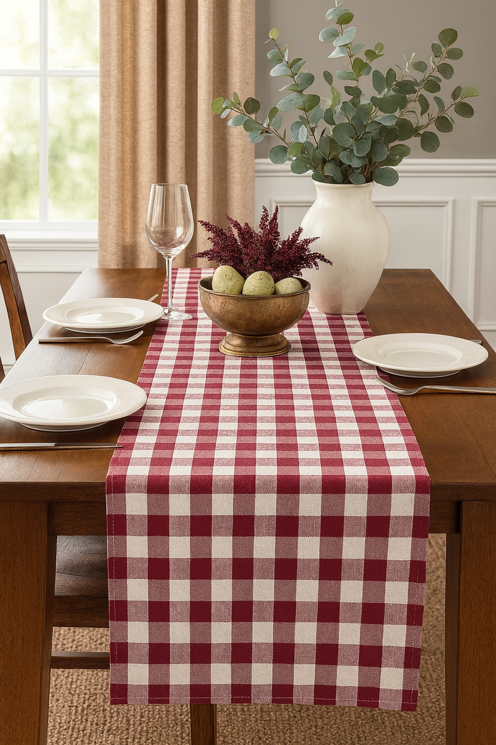 Classic Gingham Wine & White Table Runner