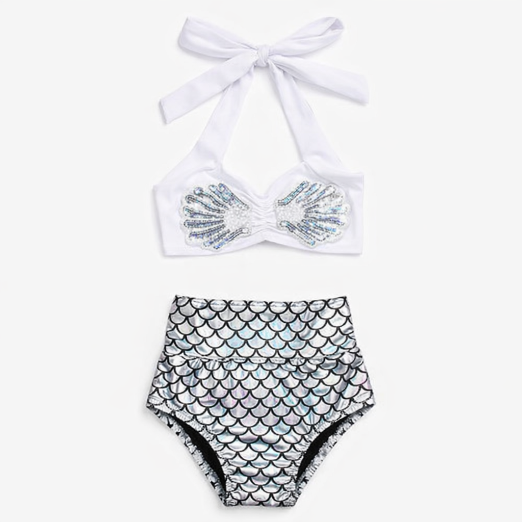 White-Silver Mermaid 2-Piece Litte Girl Swimsuit Set