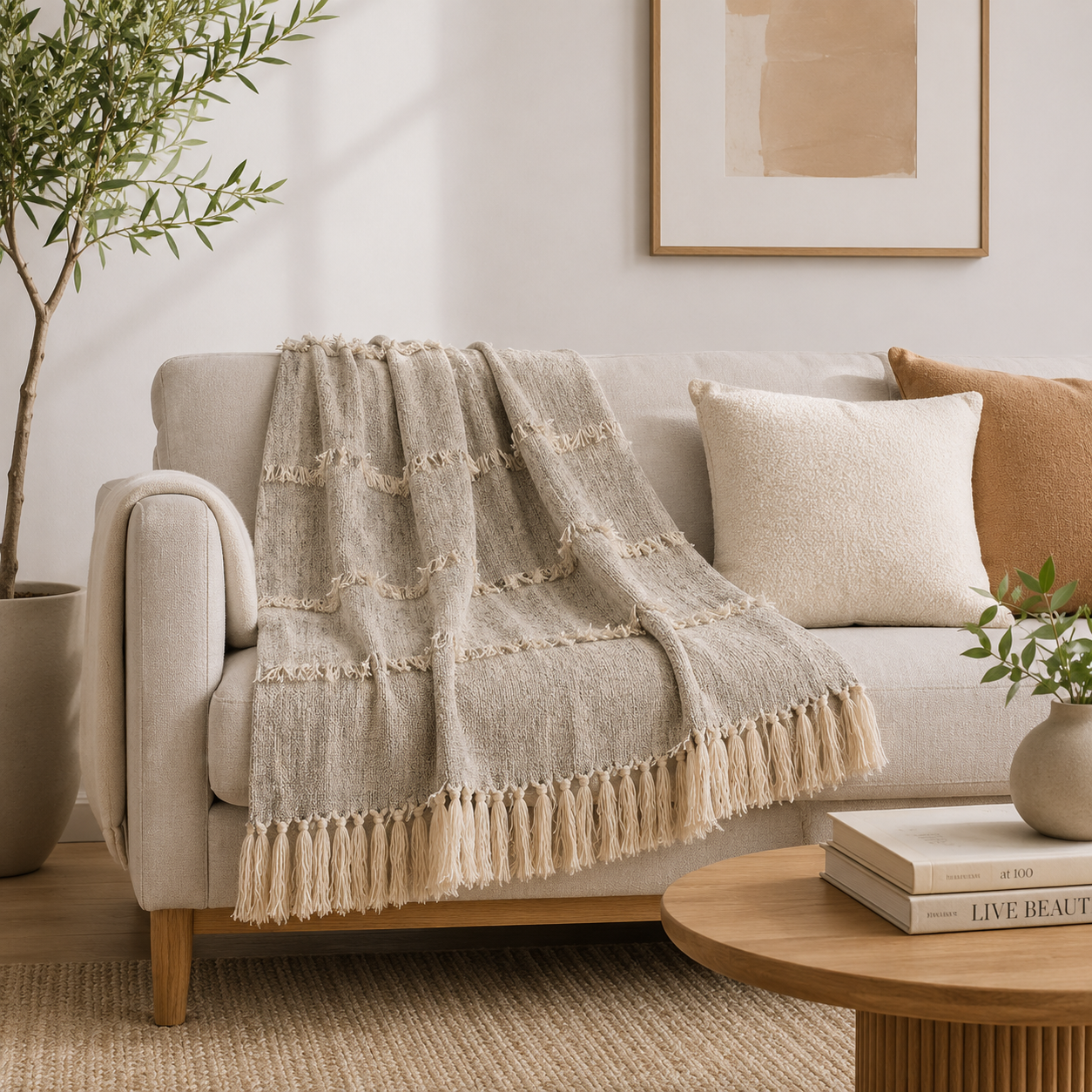 Rustic Grey Striped Fringe Cotton 50x60 Throw Blanket