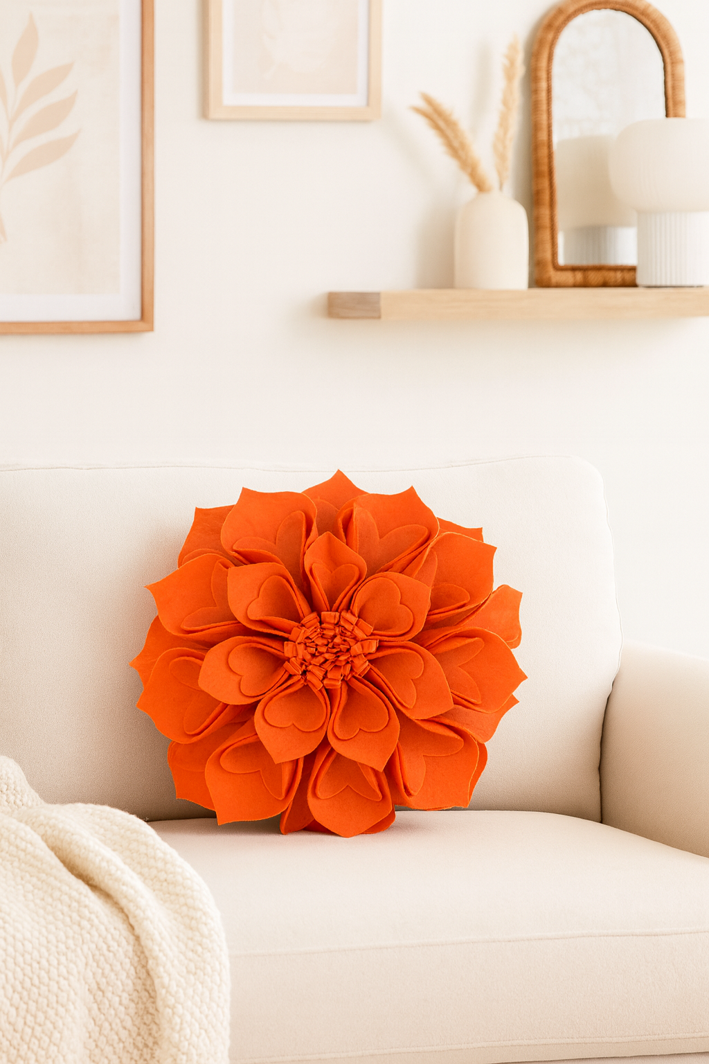 Terracotta 3D Heart-Shaped Petal Flower Throw Pillow