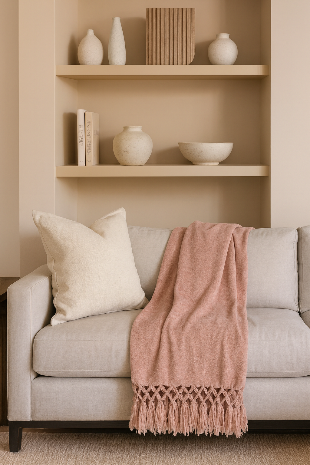Blush Pink Hand-Knotted Chenille Throw Blanket
