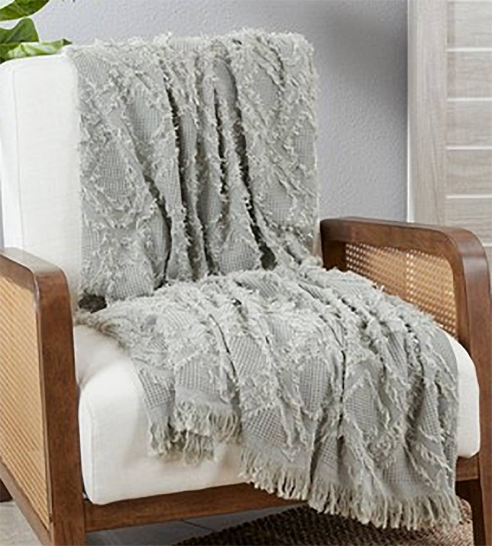Blue-Grey Fringe Waffle Weave Cotton Throw Blanket