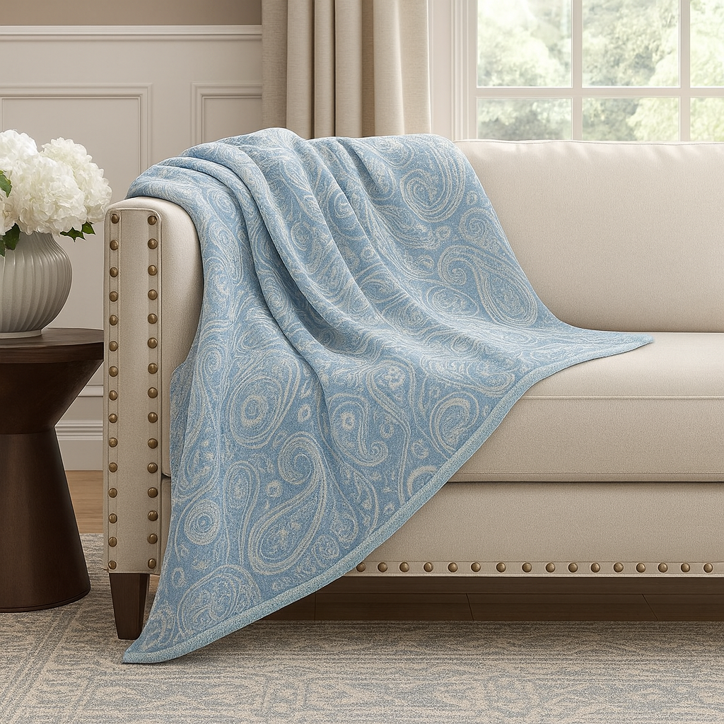 Blue Paisley Jacquard Wool Blend Throw Blanket - 50"x60"