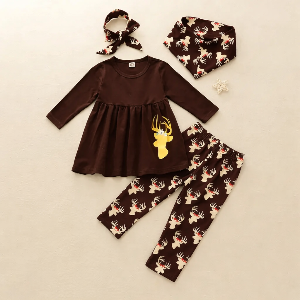 Brown-Yellow Reindeer 4-Piece Toddler Girl Outfit