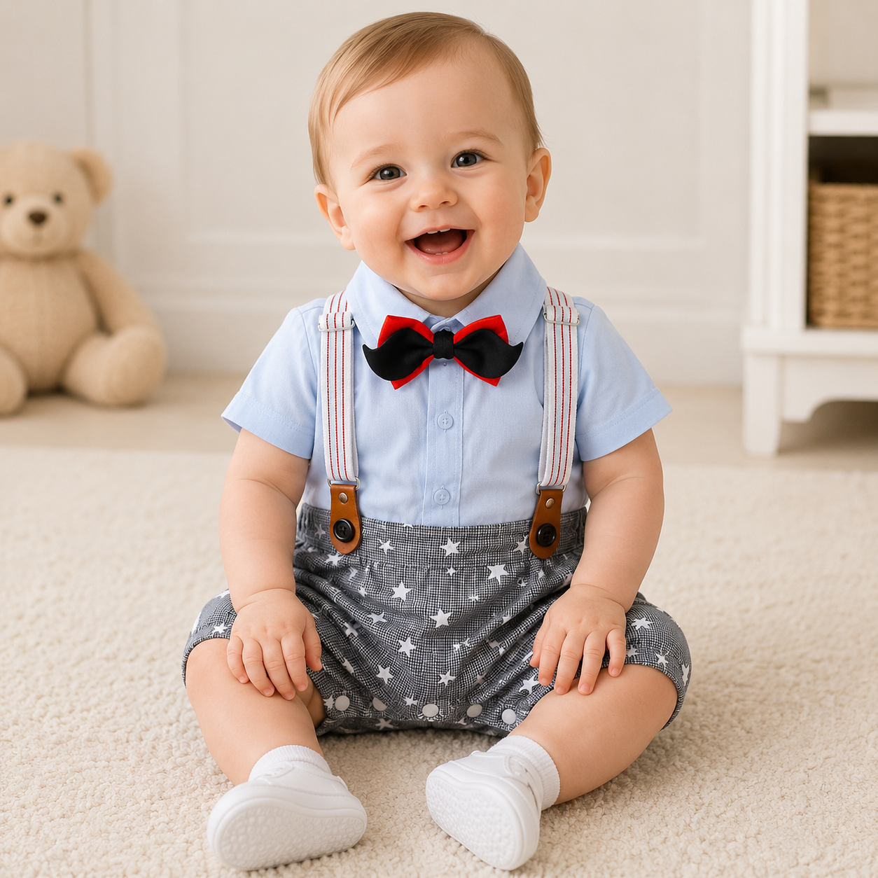 Blue 3D Mustache Bowtie Star Baby Romper and Suspenders