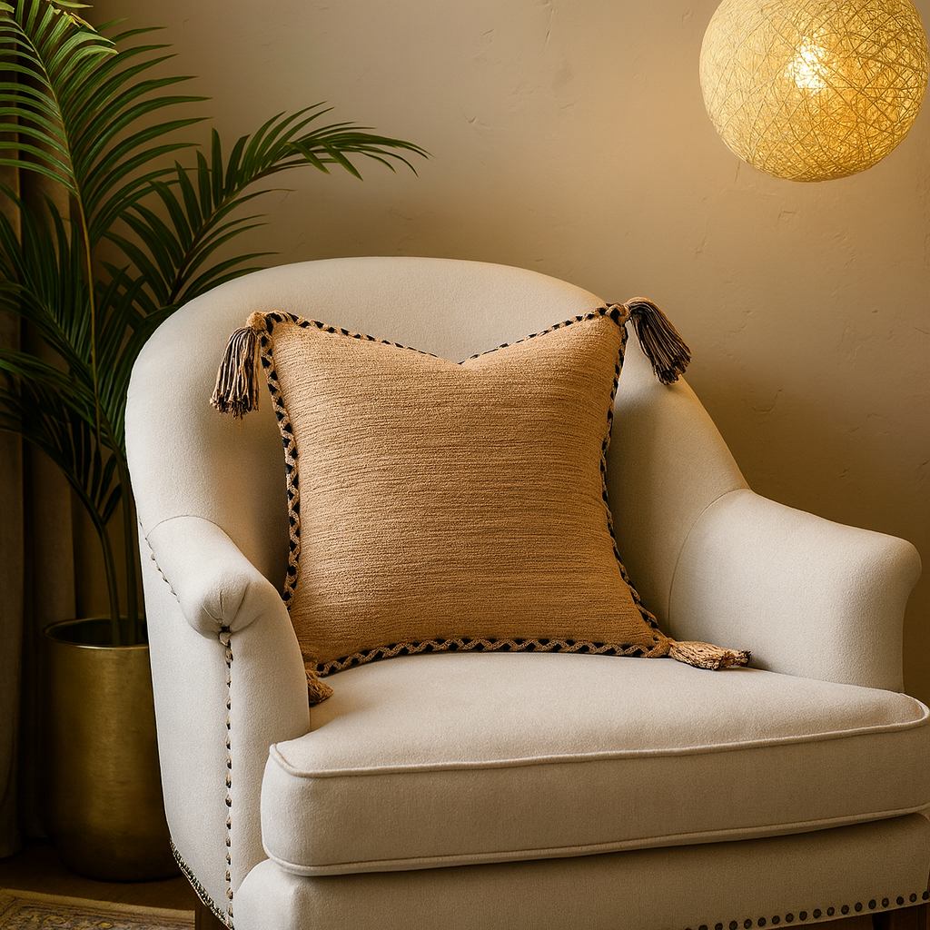 2032 - Clay Braided Border Tassel Cotton 18" Throw Pillow