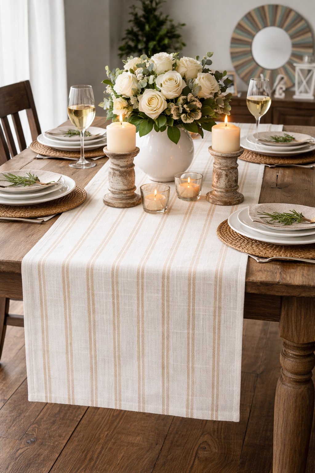 Beige Striped Linen-Poly Table Runner