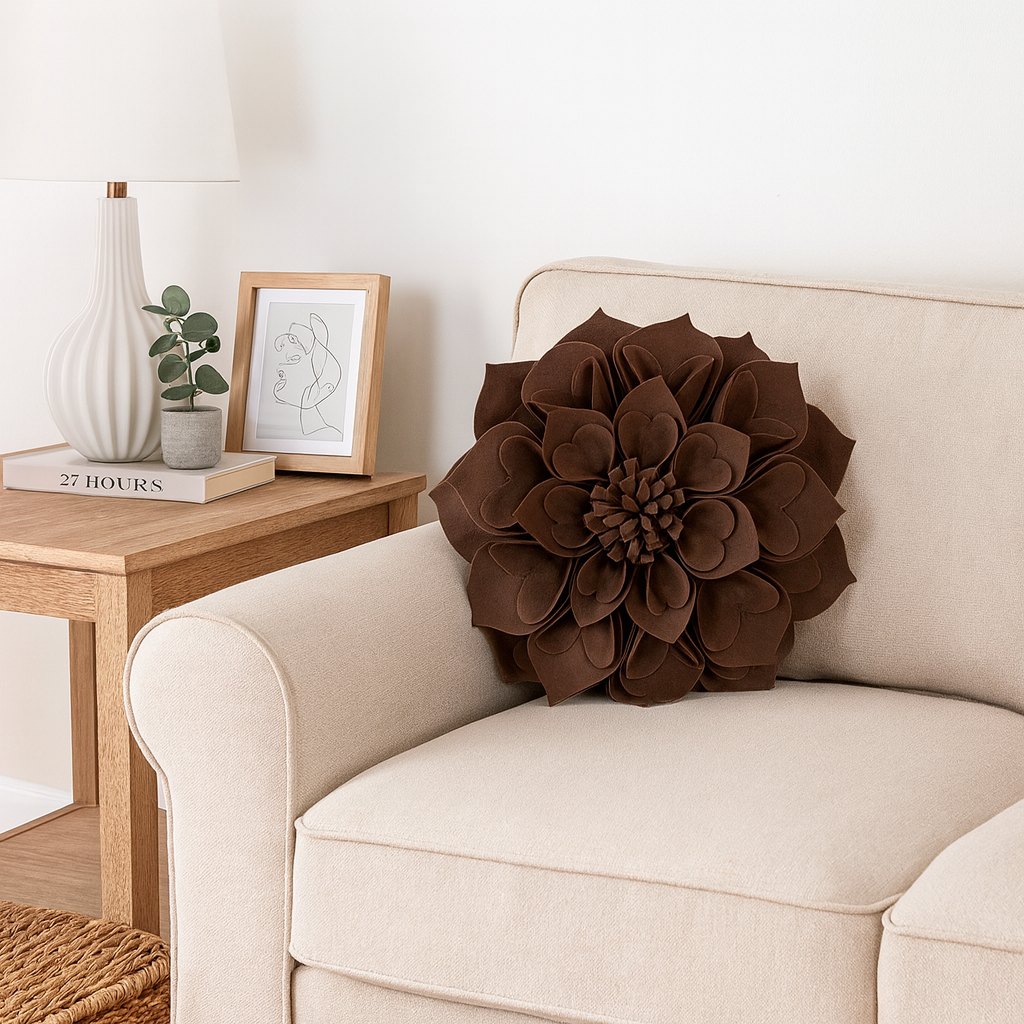 Chocolate 3D Heart-Shaped Petal Flower Throw Pillow