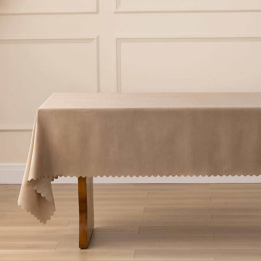 Mocha Scalloped Edge Vertical Textured Striped Tablecloth