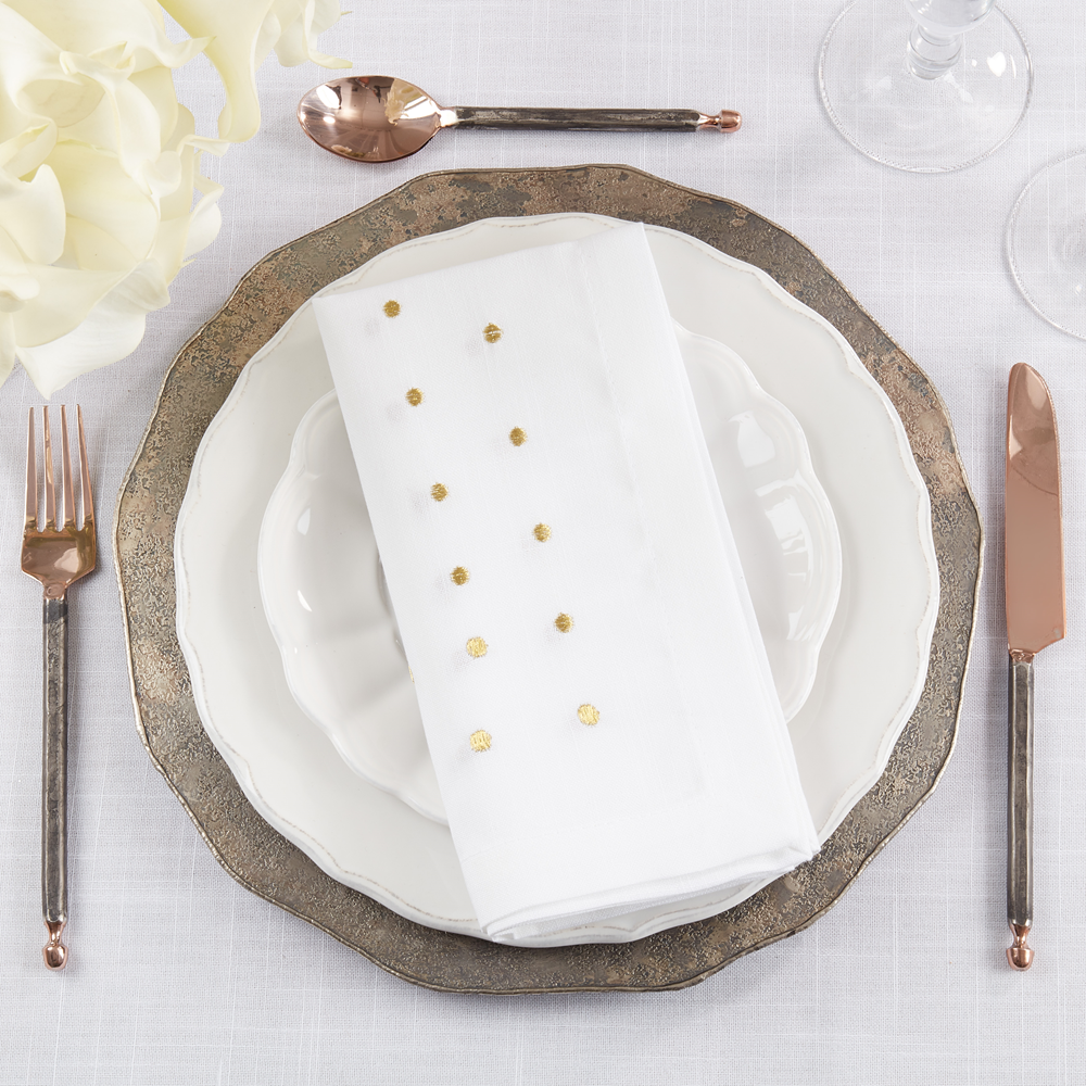 3032 - Gold Embroidered Polka Dot 20" White Cloth Dinner Napkin