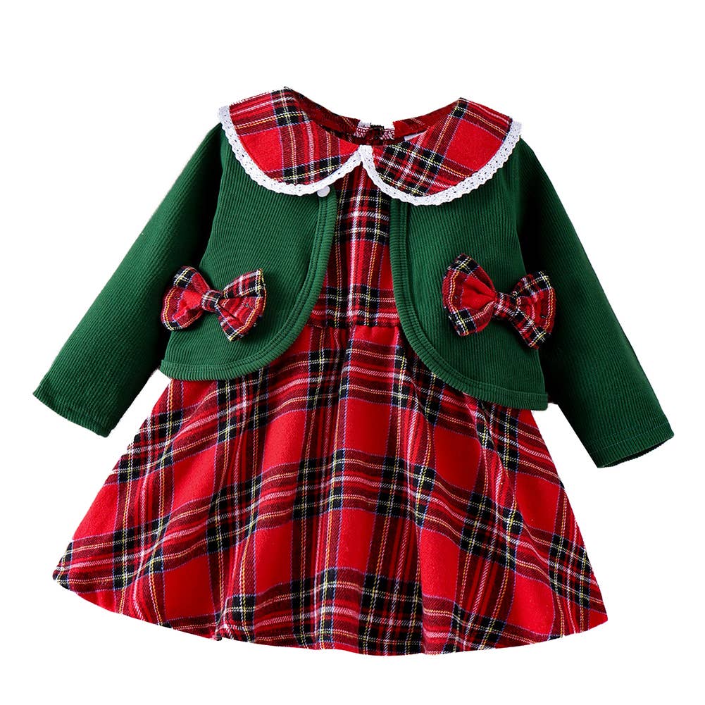 Red Green Tartan Plaid Holiday Baby Dress and Cardigan