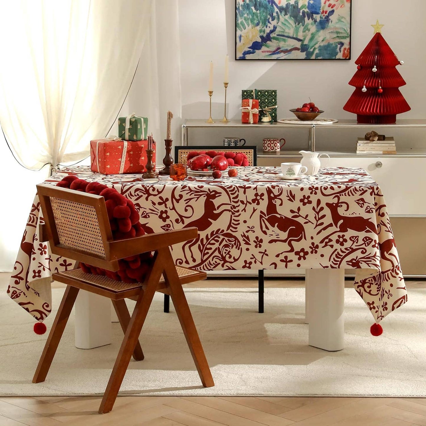 Red & White Deer Holiday Tablecloth with Pom-Pom