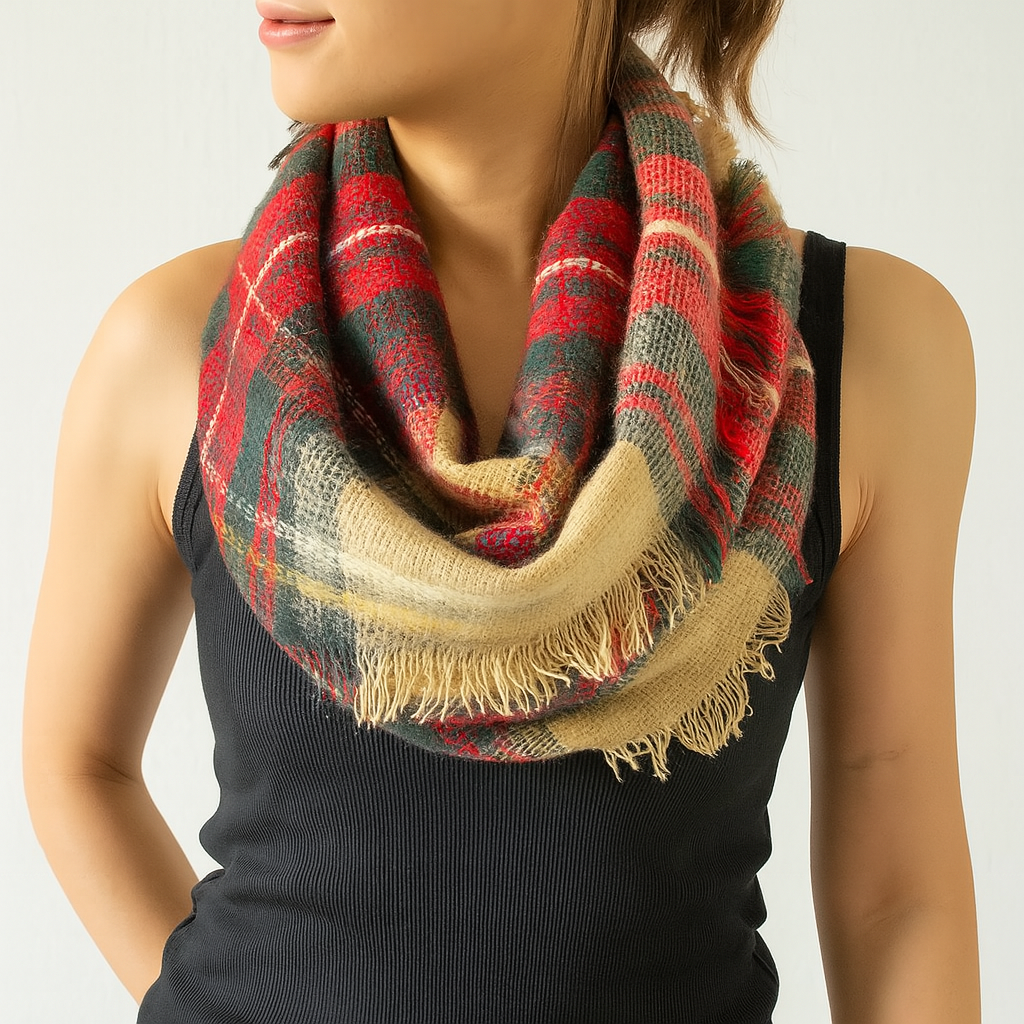 Beige Plaid Woven Soft Infinity Scarf