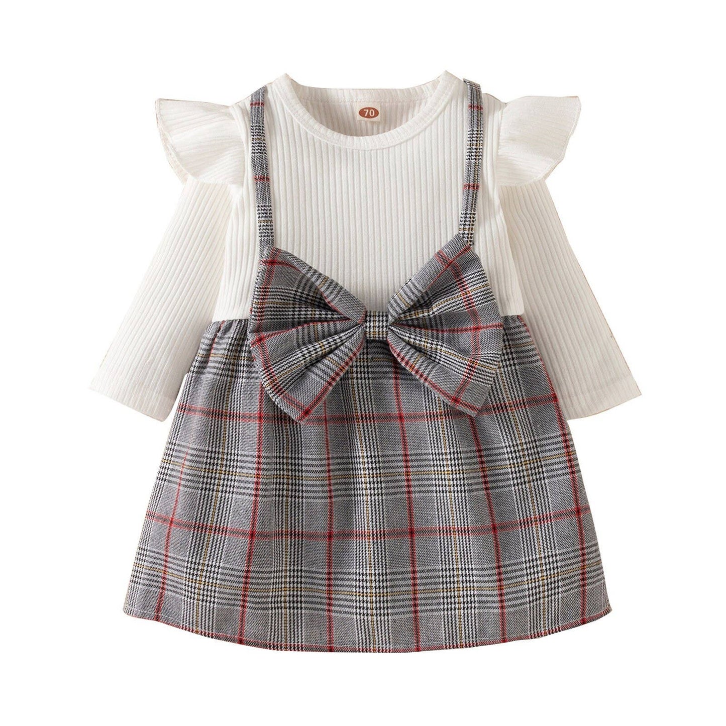 Grey White Plaid Bow One-Piece Baby Girl Dress