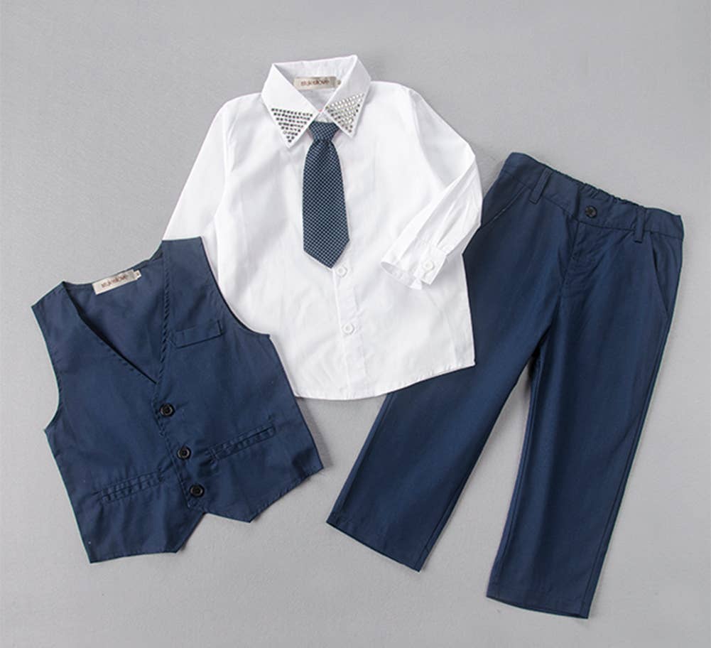 Navy White Studded 4pcs Boy Formal Suit Outfit