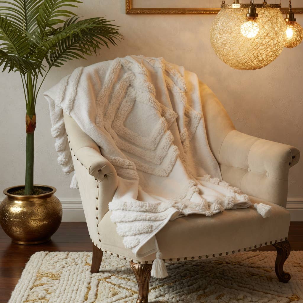 White Tufted Cotton 50"X60" Throw Blanket