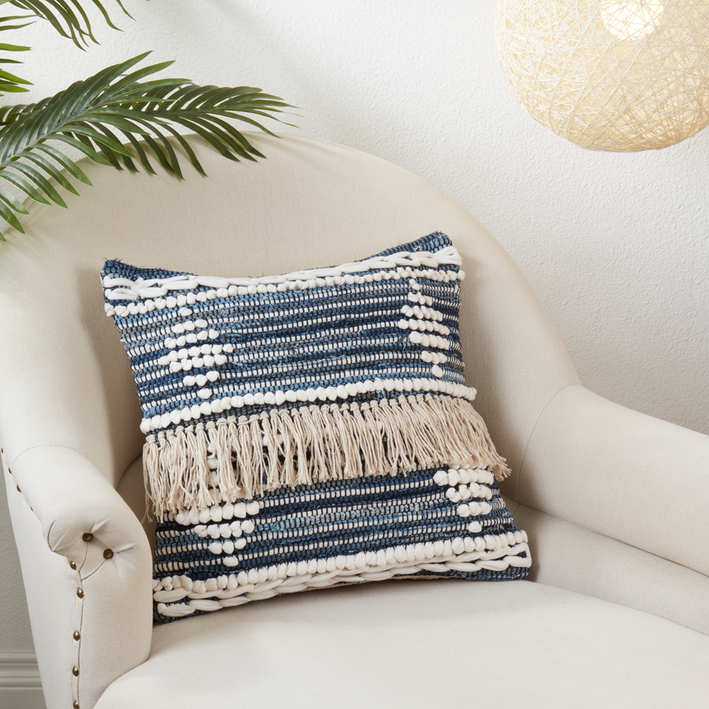1757 - Blue Natural Chindi Fringe Cotton 18" Throw Pillow