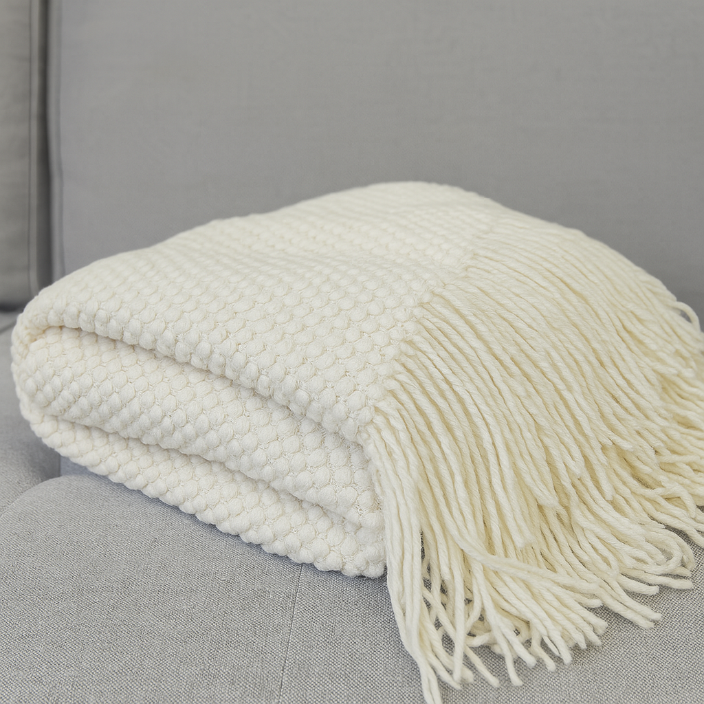 Ivory Textured Knit Throw Blanket with Fringe – 50" x 60"