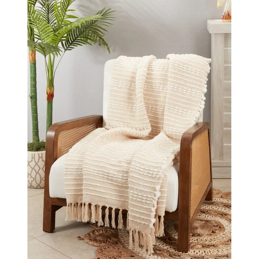 Natural Striped Woven Cotton Blend 50"x60" Throw Blanket