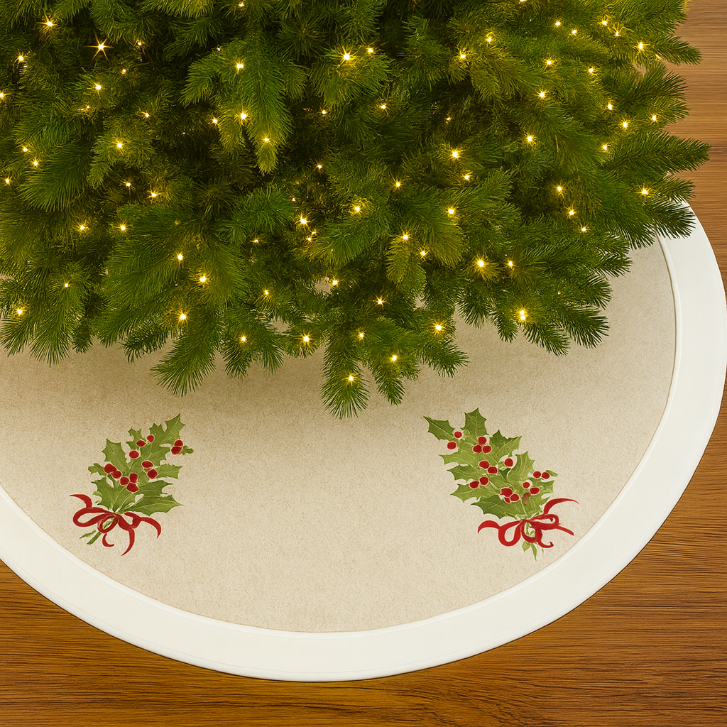 White & Natural Embroidered Holly 53" Christmas Tree Skirt