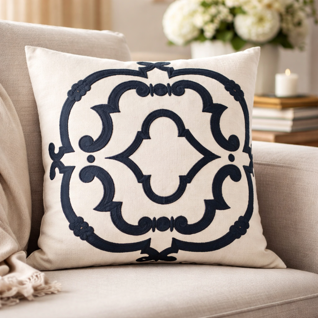 4250 - Navy Blue Embroidery Poly-Linen 17" Natural Throw Pillow
