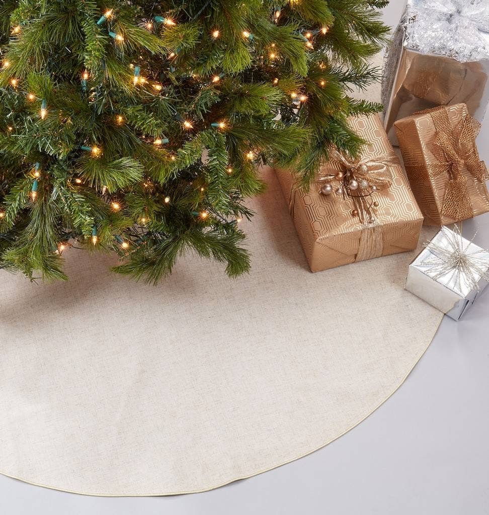 Natural Linen Blend Christmas Tree Skirt with Gold Piping