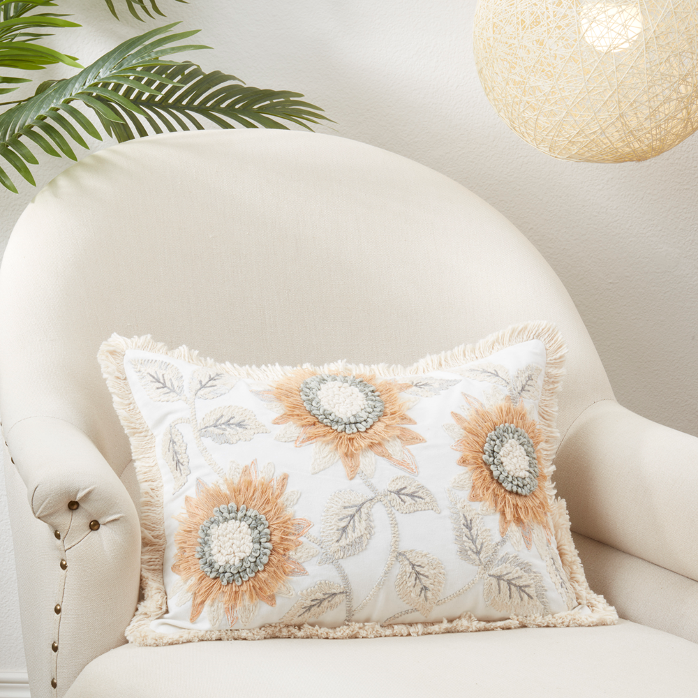 2307 - Ivory Embroidered Sunflower Cotton 14"x20" Throw Pillow