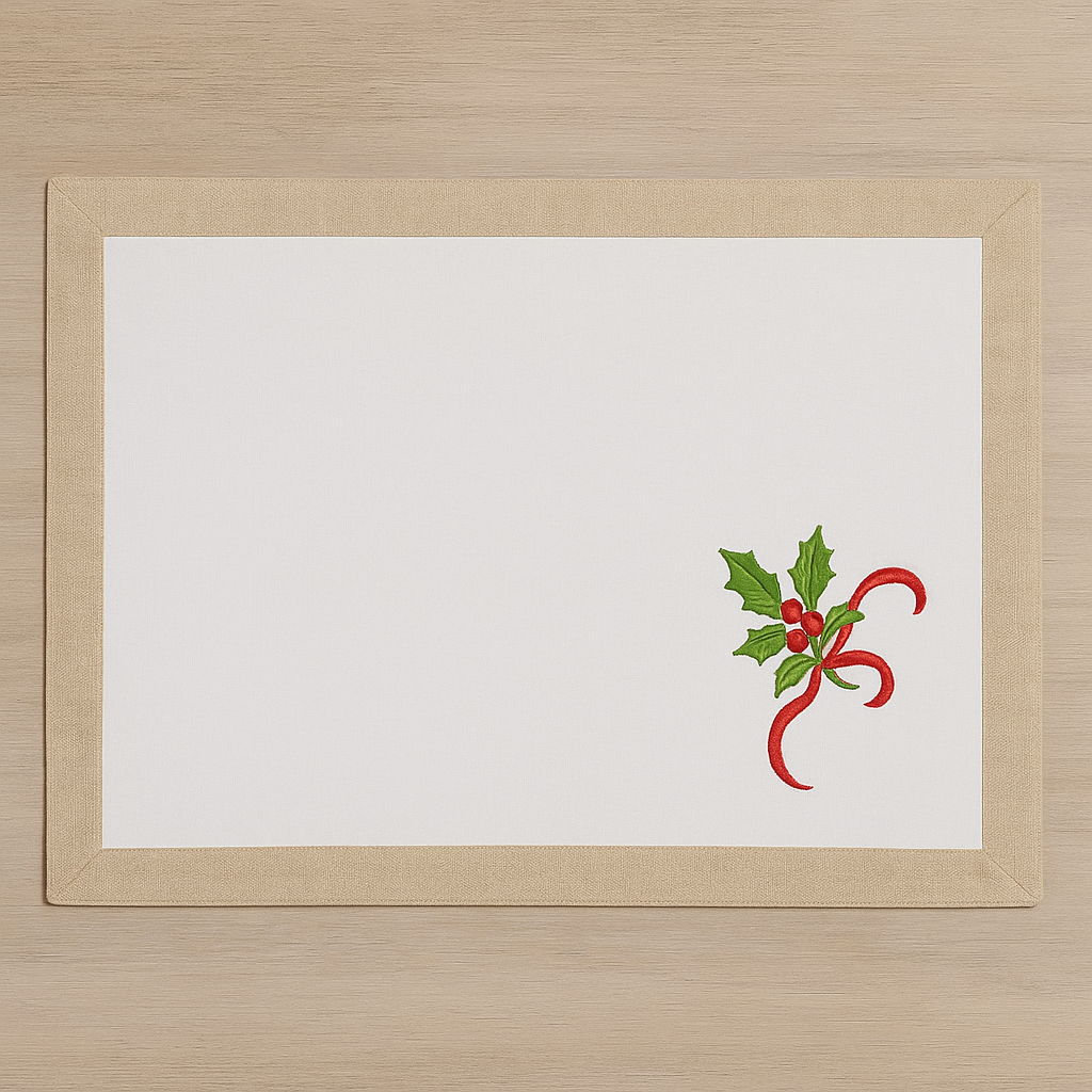 Natural Embroidered Holly Tree Placemat