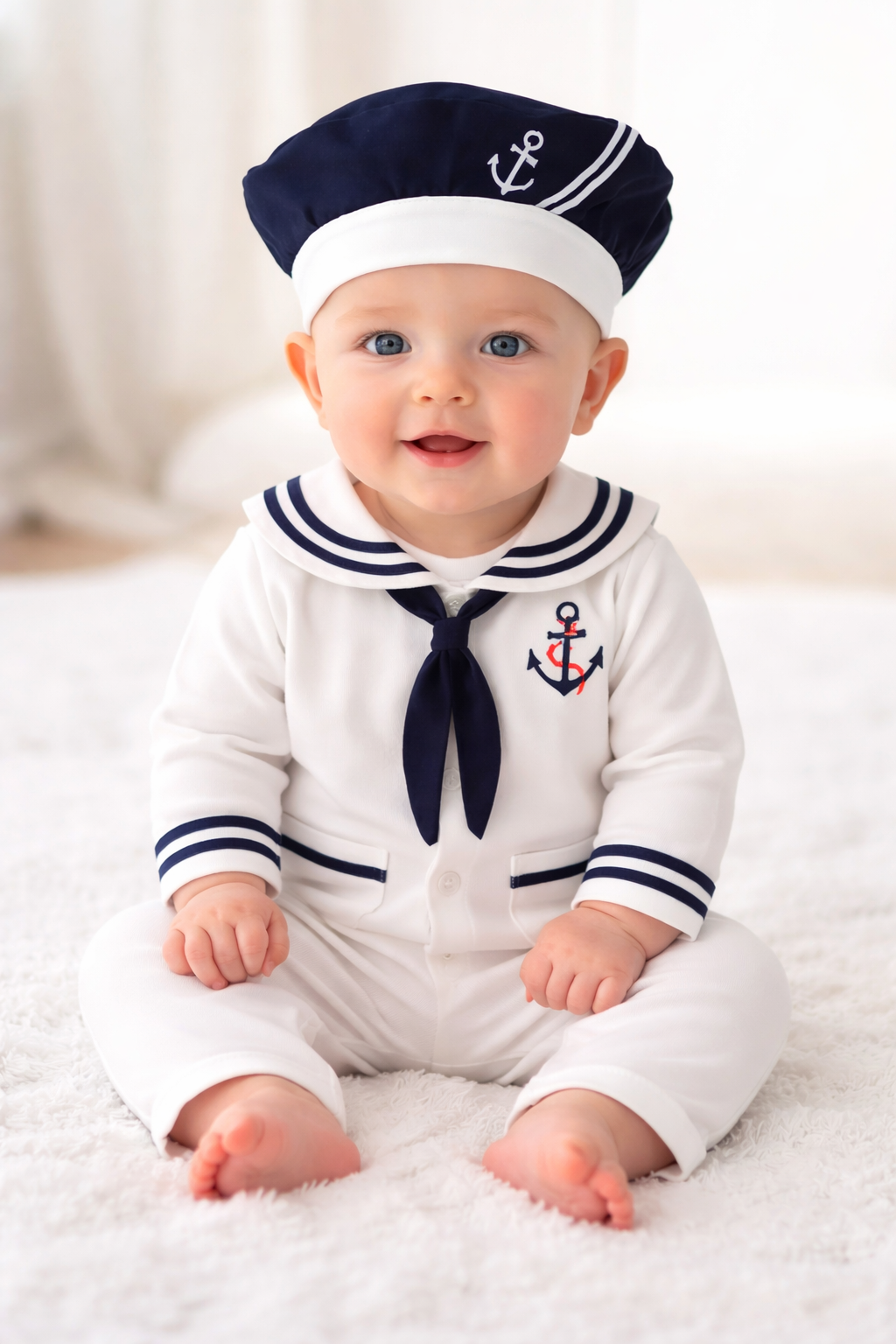 White Sailor Long-Sleeve Cotton Baby Romper & Hat