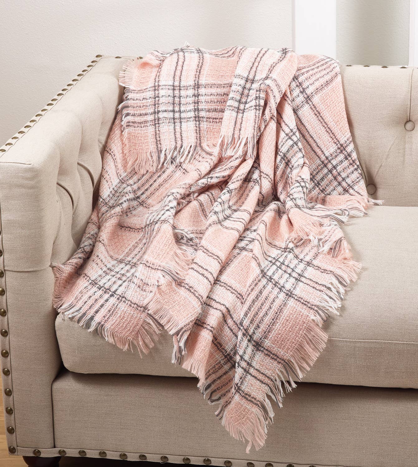 Classic Pink Grey Plaid 50x60 Throw Blanket