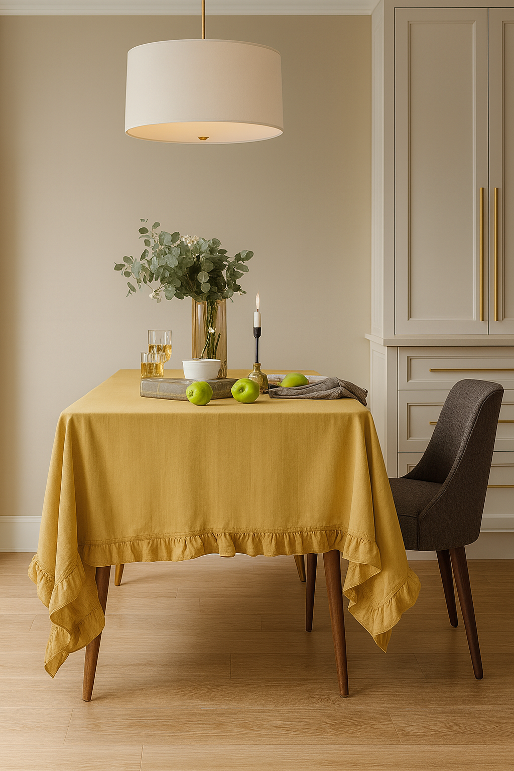 Yellow French Embroidered Ruffled Cotton Tablecloth