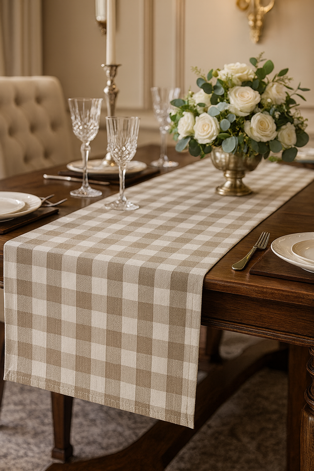 Classic Gingham Khaki & White Table Runner