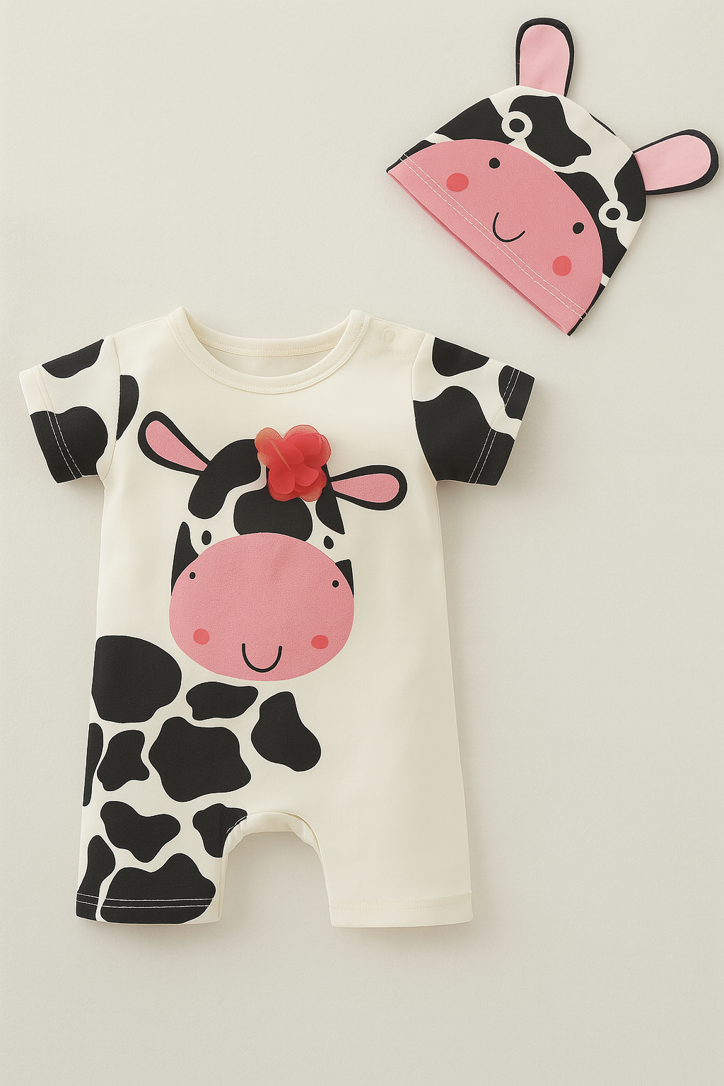 Baby Girl Cow Romper with Matching Hat