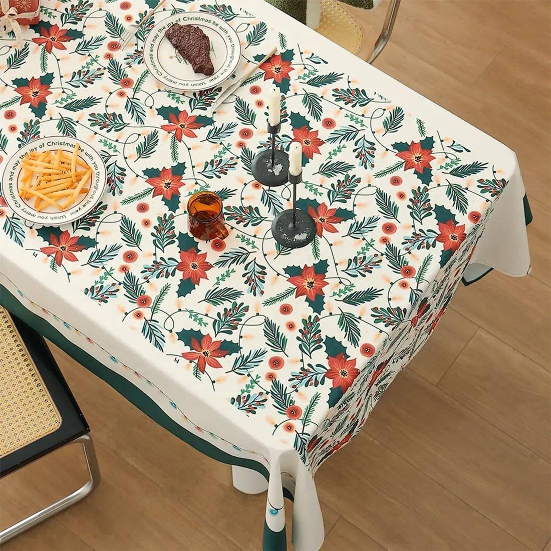 Green Multi Poinsettia & Lights Christmas Design Tablecloth