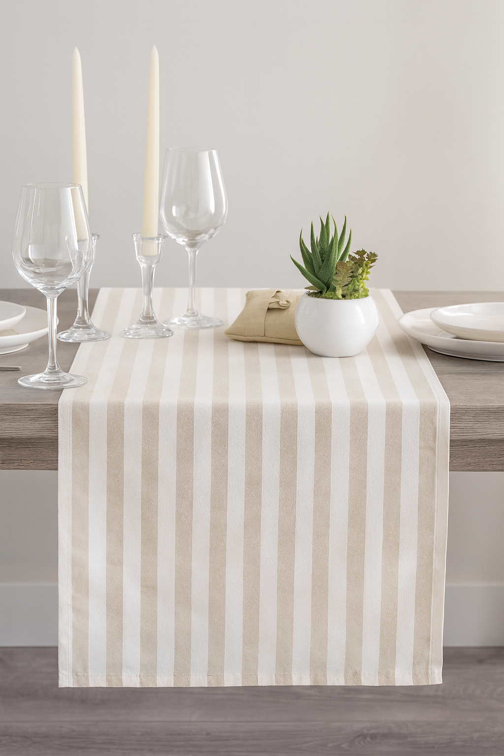 Beige & White Stripe Cotton Table Runner