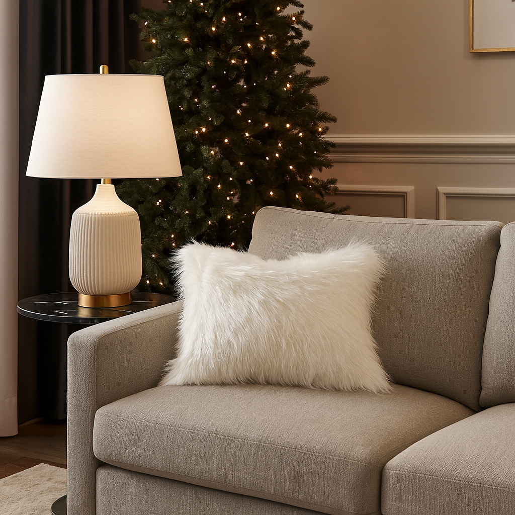 White Fur Silver Thread Lumber Throw Pillow