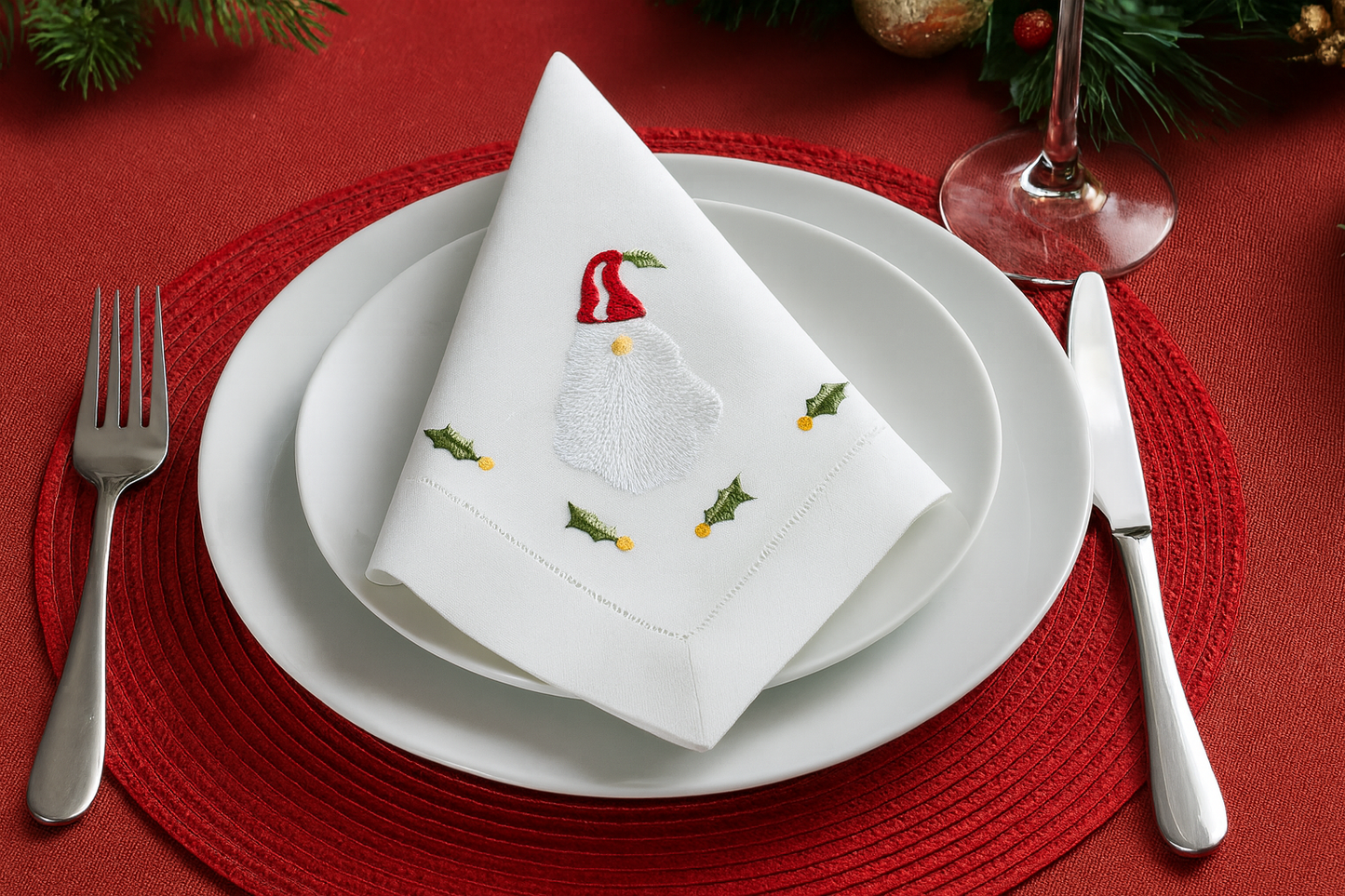 Embroidered Santa Hemstitched Cloth Napkin