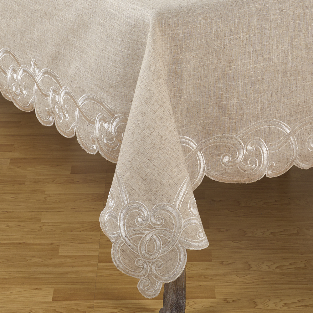Embroidered Design Natural 67"X140" Linen Blend Tablecloth