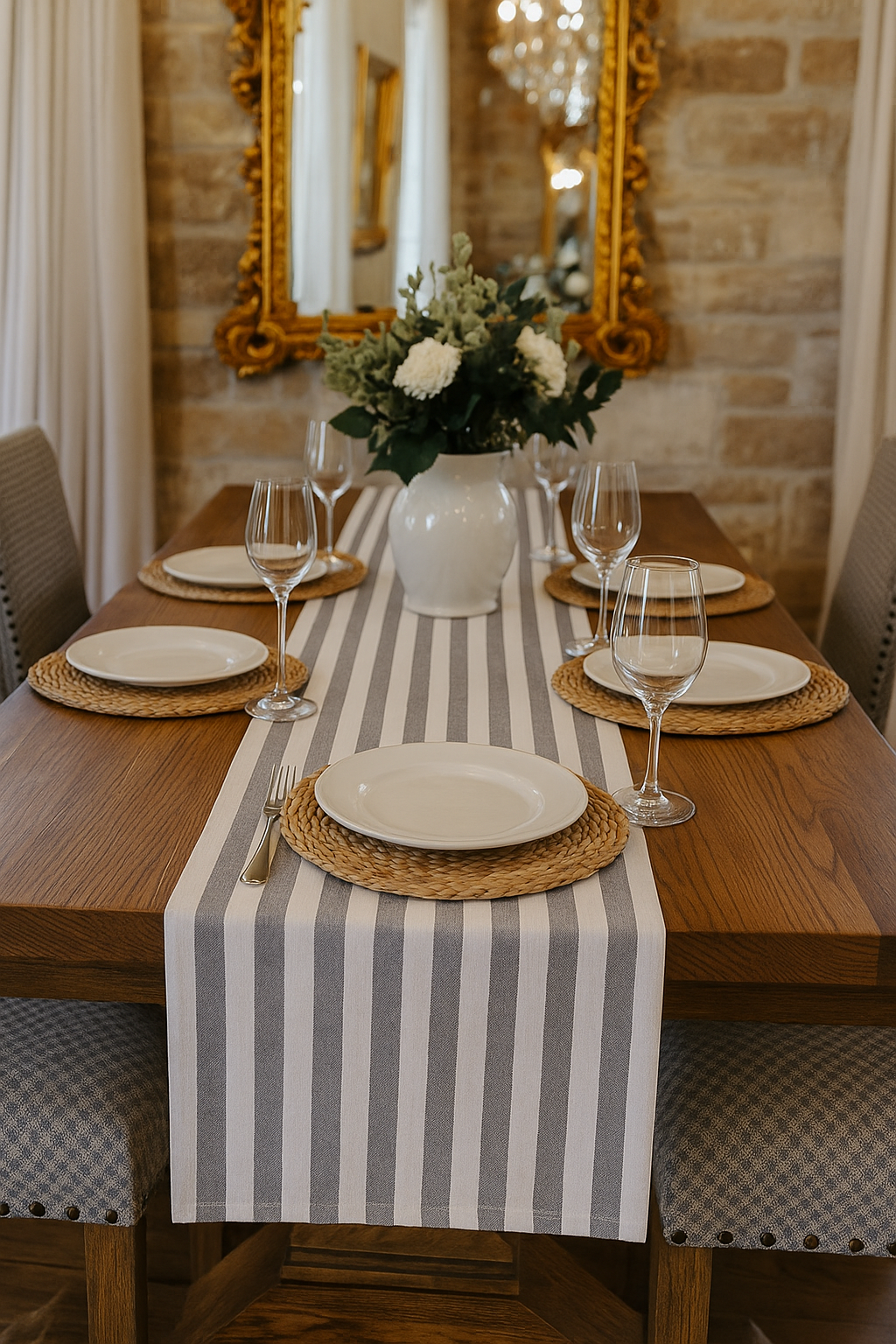 Grey & White Stripe Cotton Table Runner